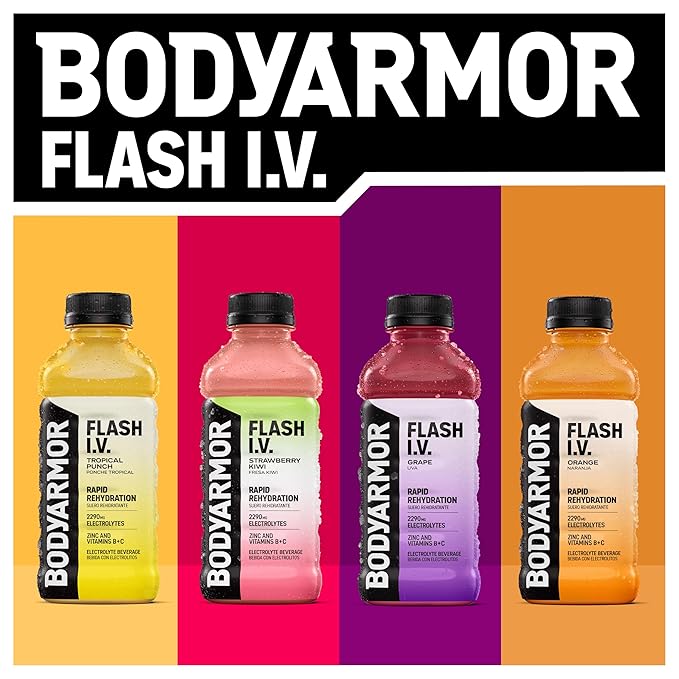 BODYARMOR Flash I.V. Electrolyte Beverage, Strawberry Kiwi, Hydration Drink with Coconut Water For Rapid Rehydration, Post Workout Recovery, 20 Fl Oz (Pack of 12)