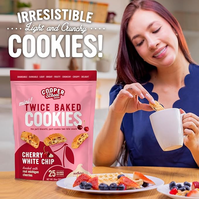 Cooper Street Twice-Baked Cherry White Chip Biscotti Cookies (16 oz Pack of 2) – Over 50 Biscotti Cookies per Bag Loaded with Real Fruit, Traditional Italian Style Snacks - Dairy, Peanut & Soy Free