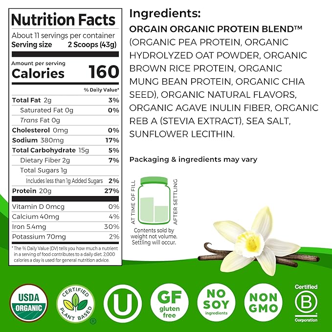 Orgain Organic Vegan Protein Powder + Oat Milk, Vanilla Bean - 20g Plant Based Protein, Gluten Free, No Dairy, Soy or Lactose Ingredients, Low Sugar, Non-GMO, Kosher, For Shakes & Smoothies - 1.05lb