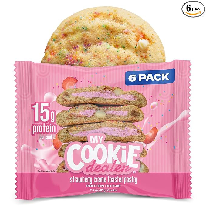 My Cookie Dealer Protein Cookies, Strawberry Creme (2.2oz, Pack of 6) - 15g Protein per Cookie - Individually Wrapped Workout Snacks for On-The-Go Travel