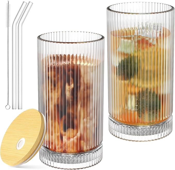 15 Oz Glass Cups with Lid and Straw, Iced Coffee Cups with Lid, Vintage Glassware for Whiskey Cocktail Beer (2 PACK)