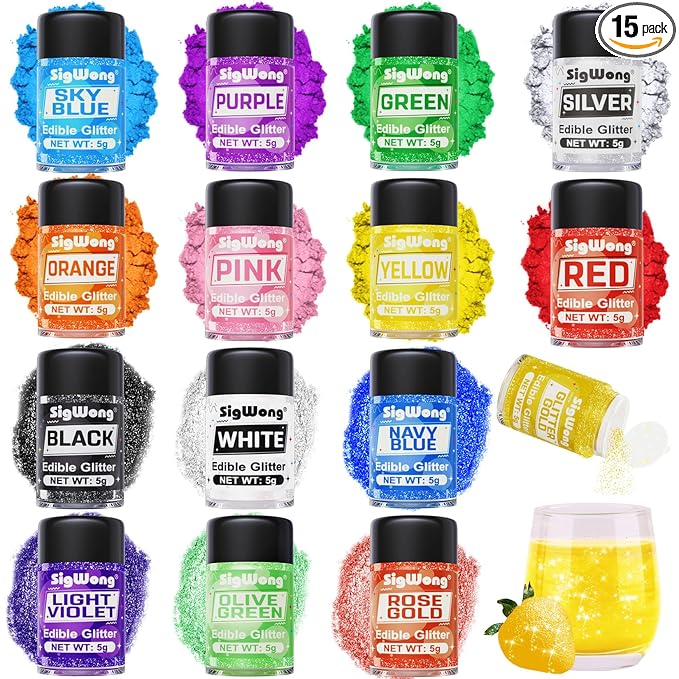 Edible Glitter Set - 15 Colors Food Grade Luster Dust, Edible Glitter Powder for Drinks, Cake Decorating, Chocolates, Fondant, Strawberries, Cupcakes, Candy, Cookie. Vegan - 5g/bottle