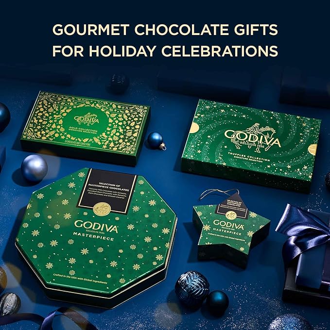 Godiva Holiday Gold Assorted Chocolate in Green Gift Box, Belgian Dark and Milk Chocolates with Pralinés, Ganaches & Caramels, Gourmet Christmas Gift, Non-GMO & Kosher, 15 Pc
