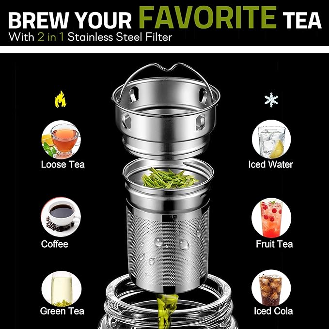 Tea Tumbler with Infuser, 20oz Double Wall Borosilicate Glass Tea Bottle, 100% Leak-Proof with Stainless Steel Filter