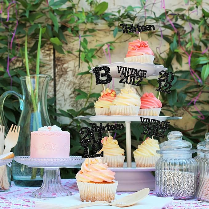 Gyufise 24Pcs 13th Birthday Cupcake Toppers Glitter Thirteen Vintage 2012 Official Teenager 13 Cupcake Picks 13 Years Birthday Cake Decorations for Happy 13th Anniversary Party Supplies Black