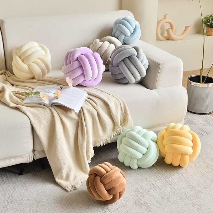 Decorative Throw Knot Pillow Ball for Home Chair Sofa Couch Bed Aesthetic Round Velvet Knotted Pillow Cushion (Coffee, 8 inches)