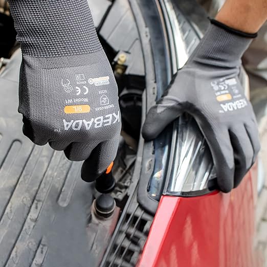Kebada W1 Work Gloves for Men and Women, Touchscreen PU Coated Gloves with Grip, 50 Pairs Bulk Pack, Ideal for Warehouse Package Handling, Construction, Gardening, Gray X-Small
