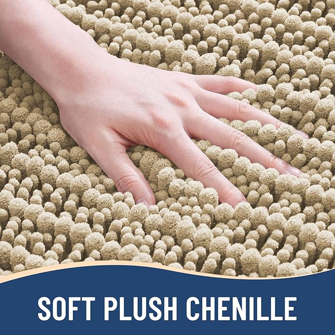 Arotive Luxury Chenille Bathroom Rug Mat, Extra Soft Thick Absorbent Shaggy Bath Rugs, Non-Slip Machine Wash Dry, Plush Bath Mats for Bathroom, Shower and Tub, 47x17, Beige