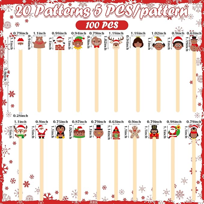 Mifoci 100 Pcs Christmas Wooded Coffee Stirrers African American Christmas Coffee Stir Sticks Disposable Stirring Sticks for Beverage Chocolate Hot Drink Party Supplies, 20 Styles (African American)
