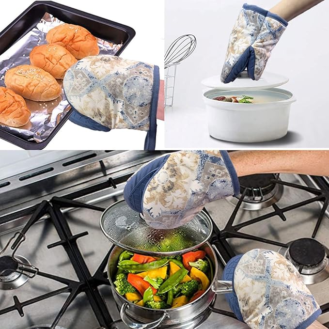 Mini Silicone Oven Mitts, Heat and Slip Resistant Kitchen Mittens 2-Pack Set, Vintage Carpet Flower Short Soft Oven Gloves, Flexible Thick Pot Holders for Safe Cooking Baking and (Dusty Blue)