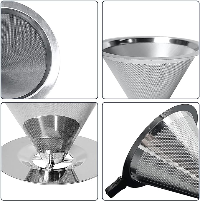 Pour Over Coffee Dripper-Stainless Steel Coffee Filter,Reusable Drip Cone Coffee Filter Portable Pour for 1-4 Cup (With Base, M)