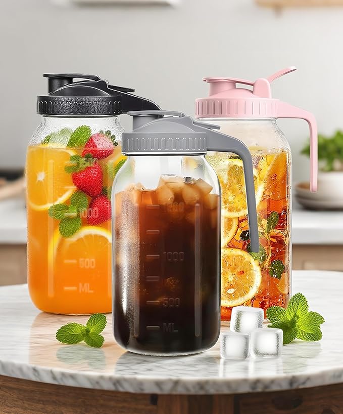 64oz Large Mason Jar Pitcher with Lid, 2 Quart Glass Tea Pitchers for Fridge, Leak-proof Coffee Dispenser,Heavy Duty Water Container for Sun Tea,Cold Brew Juice,Breastmilk Storage(Black+Gray+Pink）