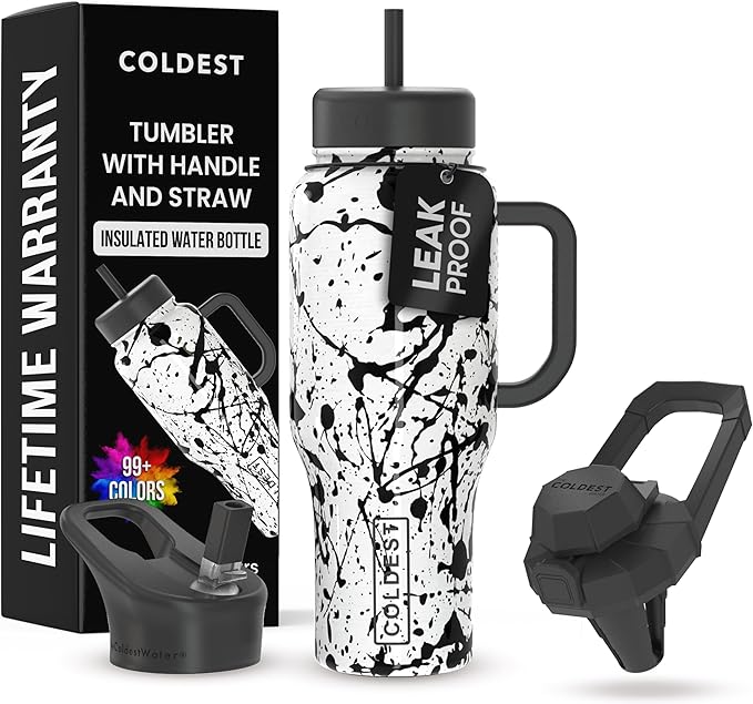 Coldest 40 oz Tumbler with Handle and Straw - 100% Leak Proof Insulated Tumbler with Lid and Straw (3 Lids) - Stainless Steel Tumblers for Women & Men - Cup Holder Friendly Base, 36 oz (Dark Matter)