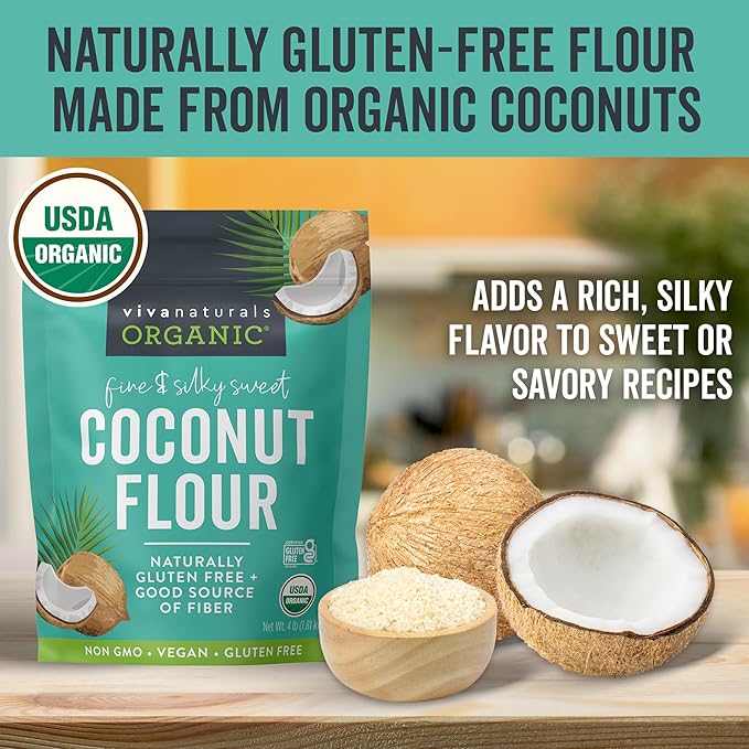 Viva Naturals Organic Coconut Flour (4 lbs) - Gluten Free Flour Substitute for Keto, Paleo and Vegan Baking, Low Fat and Good Source of Fiber Coconut Baking Flour, Non-GMO, Unbleached and Unrefined, 1.81 kg