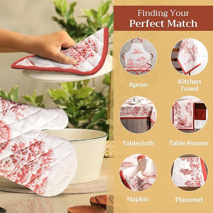 Maison d' Hermine 100% Cotton Oven Mitt & Pot Holder Set (7.5"x13" & 8"x8") Heat Resistant BBQ Cooking Gloves with Loop, Baking, Grilling, Kitchen, Handling Hot Pans (Holy Jouy - Red)