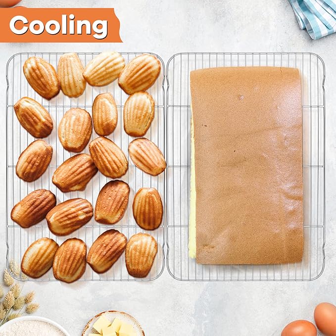 P&P CHEF Cooling Baking Rack Pack of 2, Stainless Steel Cooling Racks for Cooking Baking Roasting Grilling Drying, Dense Wires & Smooth Edge, Easy to clean, Silver, 16.6" x 11.5"