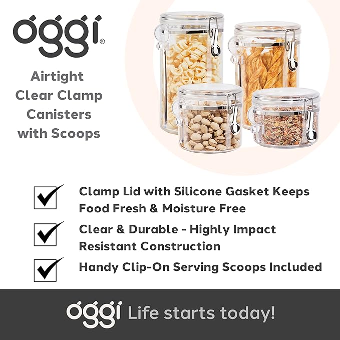 Oggi 4pc Clear Canister Set with Clamp Lids Airtight Containers in Sizes Ideal for Kitchen & Pantry Storage of Bulk, Dry Foods Including Flour, Sugar, Coffee, Rice, Tea, Spices & Herbs