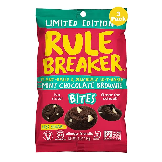 Rule Breaker Vegan & Gluten-Free Cookies | Mint Chocolate Brownie Bites |Plant-Based, Dairy, Nut, Soy, Allergen Free, Kosher | Soft-Baked School Snacks for Kids and Adults (Pack of 3)