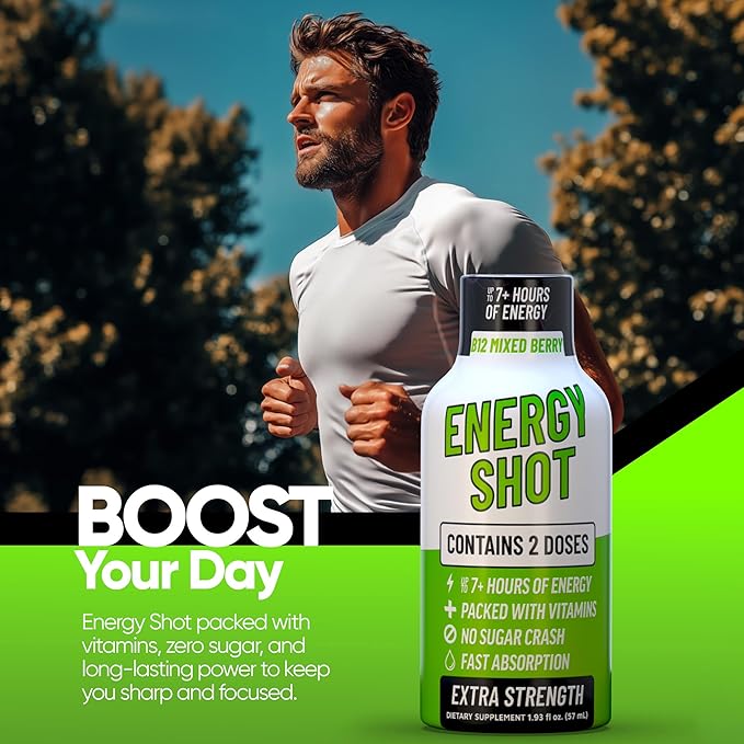 B12 Mixed Berry Extra Strength Energy Shot 8 pk – 260mg Natural Caffeine B12 B6 – Energy & Vitality Support – 2 Servings Sugar Free Zero Calorie Green Tea B-Vitamins Electrolytes Vegan – 1.93 fl oz