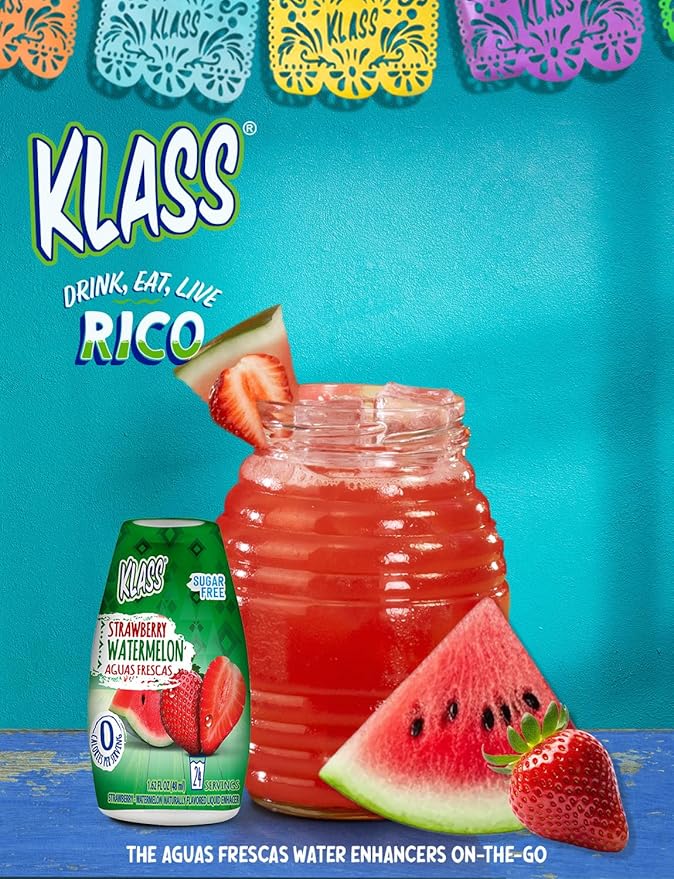 Klass Aguas Frescas | Liquid Water Enhancer | Sugar Free Naturally Flavored Strawberry Watermelon | Keto Friendly |1.62 Oz Pack of 4 (Makes 24 servings each) 0 Calories Per Serving