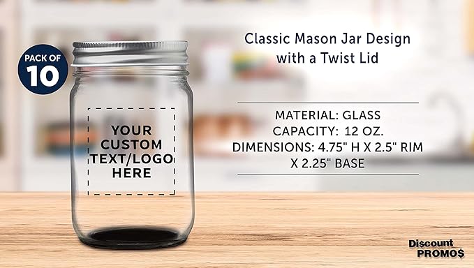 DISCOUNT PROMOS 10 Decorating Mason Jars Set, 12 oz. - Customizable Text, Logo - Canning, Aluminum Lid - Black