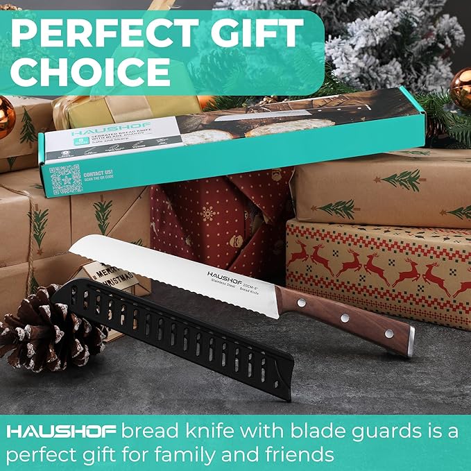 HAUSHOF Bread Knife with Sheath, 8-Inch Serrated Bread Knife for Homemade Bread, 5Cr15Mov Premium Stainless Steel Bread Cutter with Gift Box for Mom Dad, Full Tang and Ergonomic Handle