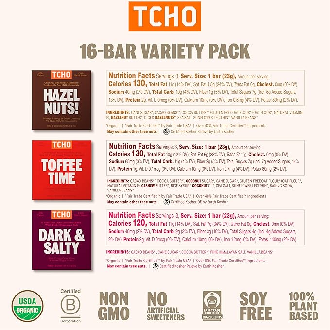 TCHO 100% Plant-Based Dark & Milk Chocolate Variety Pack - Gourmet Assortment with Toffee Time, Choco Latte, Dark & Salty, & More - Vegan No Artificial Sweeteners Chocolate Gift - 16 Count