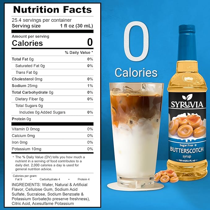 Syruvia Sugar Free Coffee Syrup, Butterscotch Flavored Syrup for Drinks, Lattes, and Desserts – 25.4 fl oz