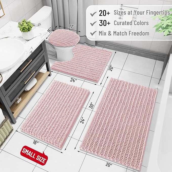 Arotive Luxury Chenille Bathroom Rug Mat, Extra Soft Thick Absorbent Shaggy Bath Rugs, Non-Slip Machine Wash Dry, Plush Bath Mats for Bathroom, Shower and Tub, 24x16, Dirty Pink