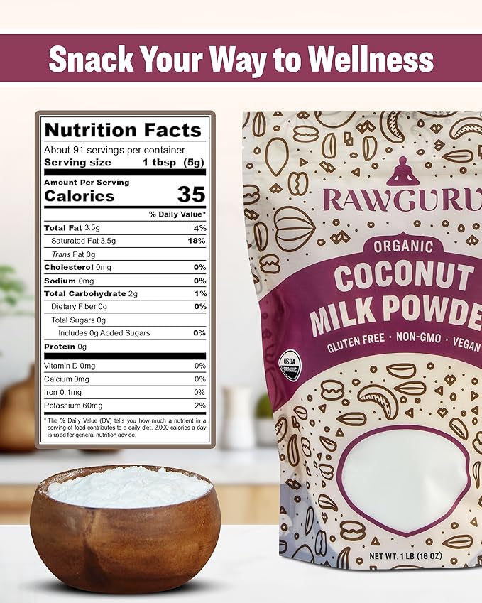 RawGuru Organic Coconut Milk Powder - Vegan & Nutrient-Dense Powder with Iron & Potassium - Rich & Creamy Organic Milk for Drinking or Baking - 16 oz, Pack of 2