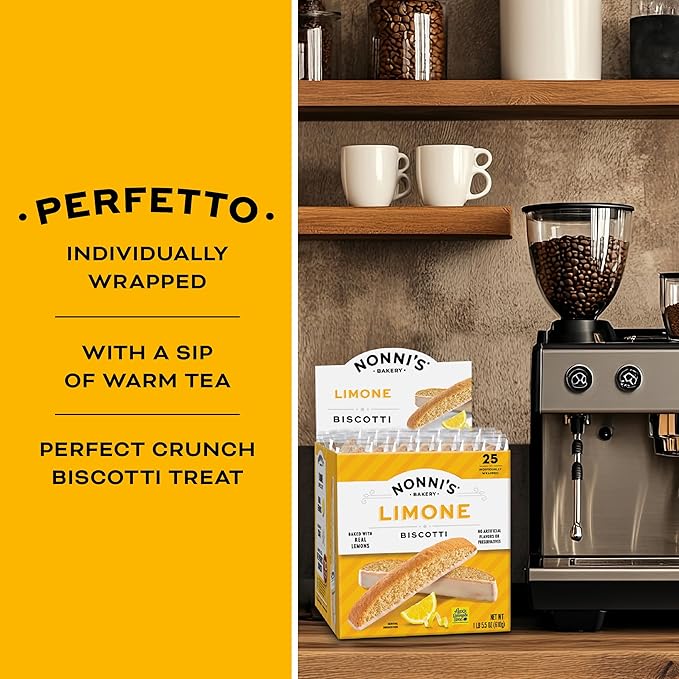Nonni's Limone Lemon-Iced Biscotti Cookies – Individually Wrapped Italian Tea-Time Snack, Crunchy Twice-Baked, 110 Cal Each, 21.5 oz Carton, 4 Pack