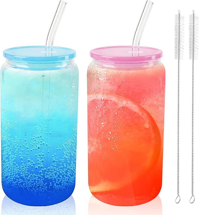 Joyclub 2pcs Glass Cups with Acrylic Lids and Straws 16 oz Can Shaped Glass Iced Coffee Cups with Lids and Straws, Cute Tumbler Cup Drinking Glasses for Smoothie Whiskey Boba Soda Tea Gift