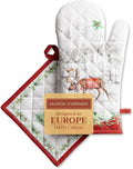 Maison d' Hermine 100% Cotton Oven Mitt & Pot Holder Set (7.5"x13" & 8"x8") Heat Resistant BBQ Cooking Gloves with Loop, Baking, Grilling, Kitchen, Handling Hot Pans (Christmas Tradition)