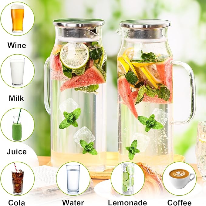 2 Pack 2L/68 oz Glass Pitcher with Lid and Handle,Square Water Pitchers for Fridge, Leak-Proof Spout,Large Ice Tea Jug for Hot/Cold Drinks, Ideal for Cold Brew, Juice, Iced Tea