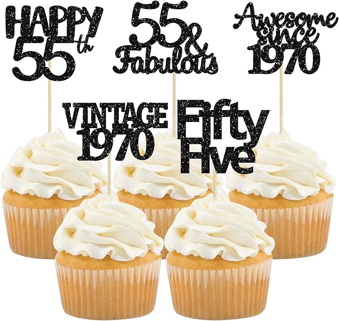 Gyufise 30 Pack Black Glitter Vintage 1970 Cupcake Toppers Glitter 55 Fabulous Happy 55 Cheers to 55 Years Birthday Cupcake Picks 55th Birthday Anniversary Cake Decorations Supplies