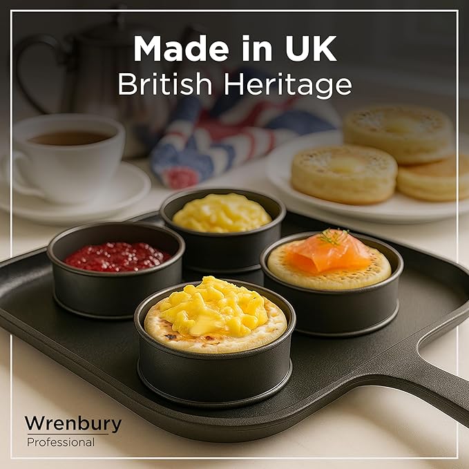 Wrenbury Crumpet Rings Nonstick 3.5 inch - English Muffin Rings - Set of 4 Food Ring Molds for Cooking – Metal Baking Egg Ring Set - Made in England