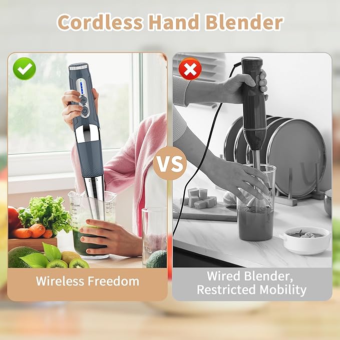 Cordless Immersion Blender Handheld: Powerful Rechargeable Electric Hand Blender, 21-Speed & 3-Angle Adjustable with Stainless Steel Blades for Milkshakes, Smoothies, Soup, Puree, Baby Food (Grey)