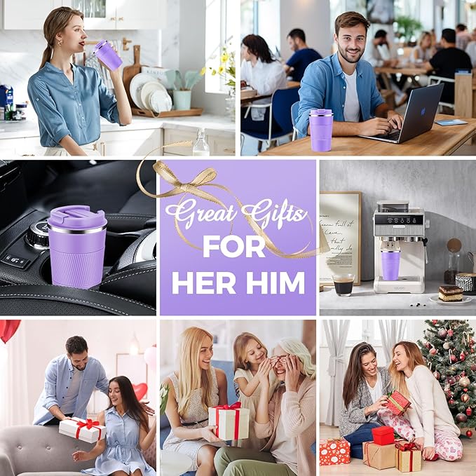 Volhoply 13 oz Stainless Steel Insulated Travel Coffee Mug with Fip Lid Bulk 2 Pack,Reusable Double Wall Vacuum Metal Coffee Cup,Portable Leak Proof Thermal Tumbler for Hot & Cold Drinks(Purple,2)