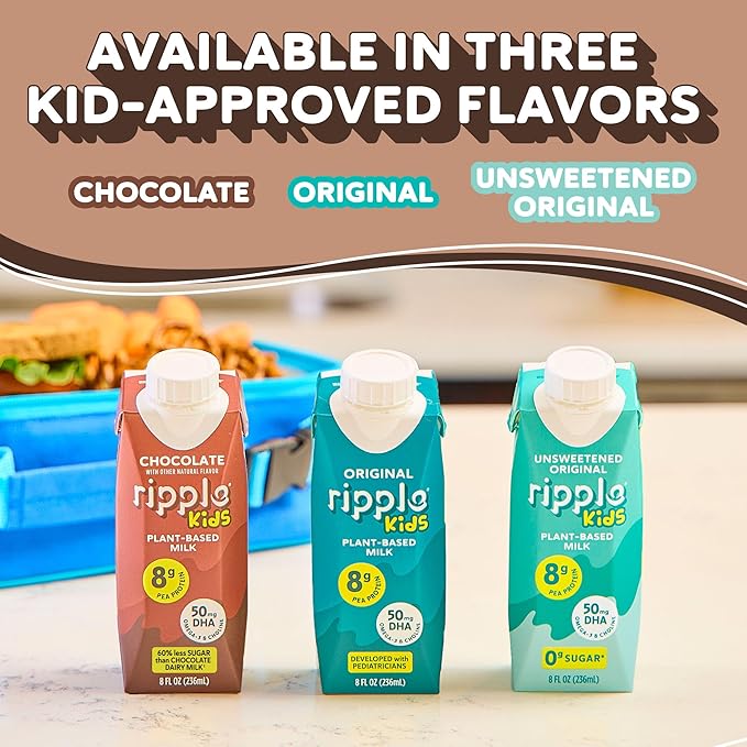 Ripple Kids Chocolate Plant Based Milk | Pediatrician Reccommended | 8g Pea Protein | Shelf Stable | Vegan & Non GMO Certififed | Dairy, Soy, Nut, Gluten, and Lactose Free | 8 Fl Oz (Pack of 12)
