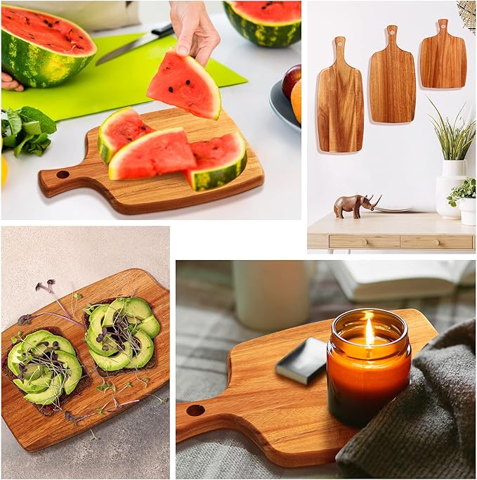 Kathfly 3 Pcs Acacia Wood Cutting Board with Handle Wooden Laser Kitchen Serving Charcuterie Board for Vegetables Meat Pizza Cheese Fruit Bread(17x7, 14x7, 10x7 Inch)