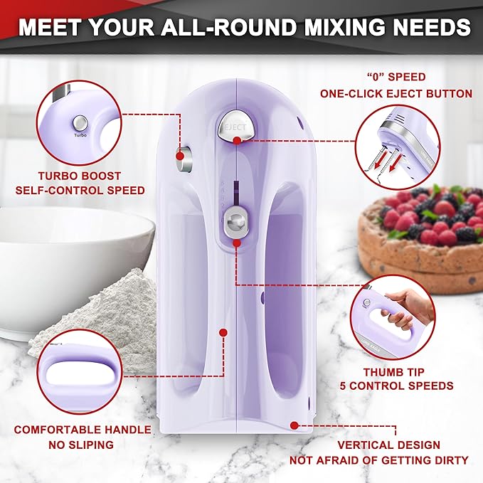 Lord Eagle Hand Mixer Electric 400W, 5 Speed handheld Mixer, 5 Stainless Steel Accessories for Baking Cake Egg Cream Food Beater, Turbo Boost/Self-Control Speed + Eject Button