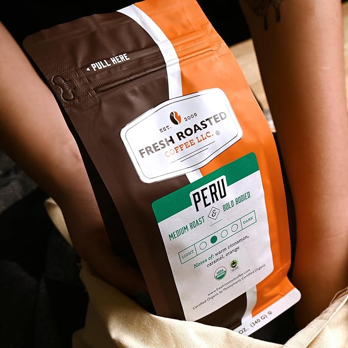 Fresh Roasted Coffee, Organic Peru | Mold & Myco 3rd Party Tested, USDA Organic, Kosher | Med Roast 12 oz Whole Bean
