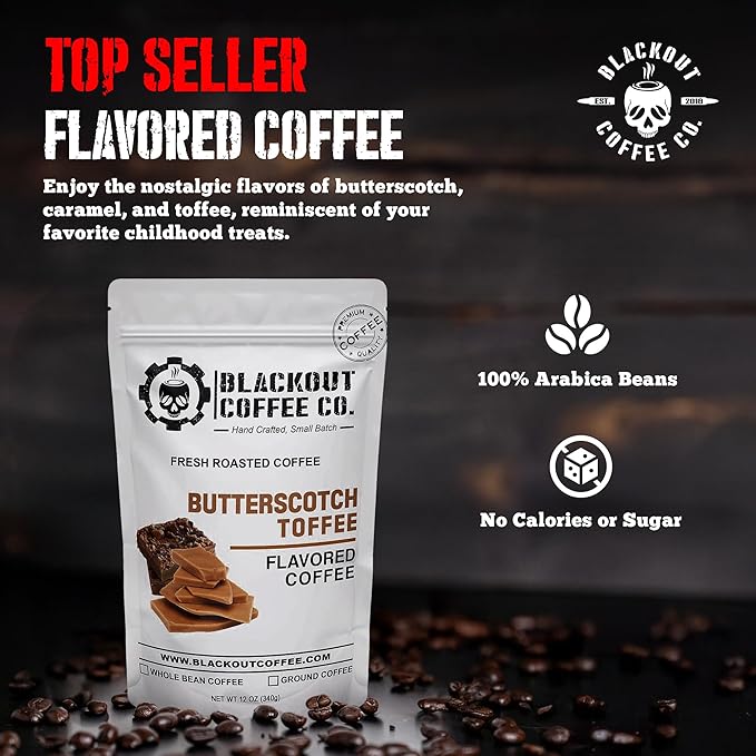 Blackout Coffee Butterscotch Toffee Flavored Medium Roast - Freshly Roasted in the USA - 12 oz Ground Coffee Pouch