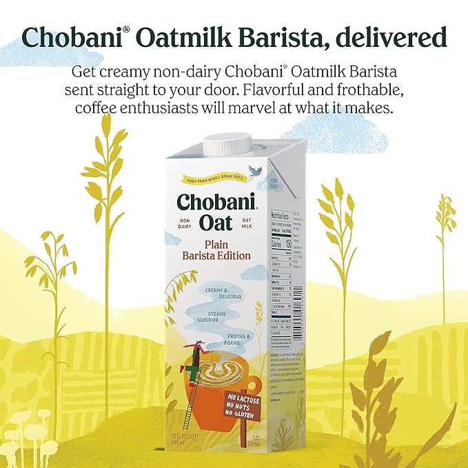 Chobani Oat Milk, Plain Oat Barista Edition, Shelf Stable Non Dairy Milk, Creamer, Vegan Friendly, Gluten-Free, 32 FL OZ (Pack-12)
