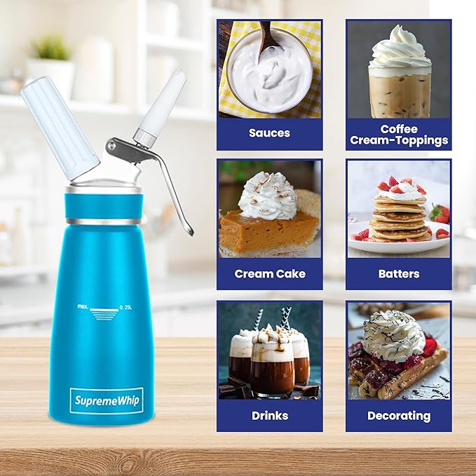 Pro Cream Dispenser, Durable High-Grip, Metal Lid with Rubber, 3 Nozzles, for Hot/Cold Use, Cleaning Brush Included, Blue - 250ml /1 Pint