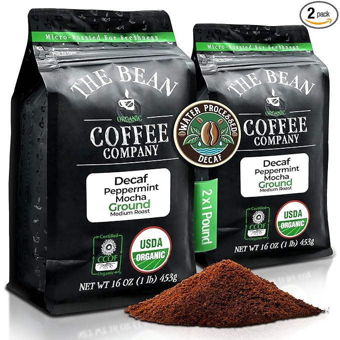 The Bean Organic Coffee Company Water Processed DECAF Peppermint Mocha, Medium Roast, Ground Coffee, 16-Ounce Bags (Pack of 2), Café Molido Tostado Orgánico descafeinado