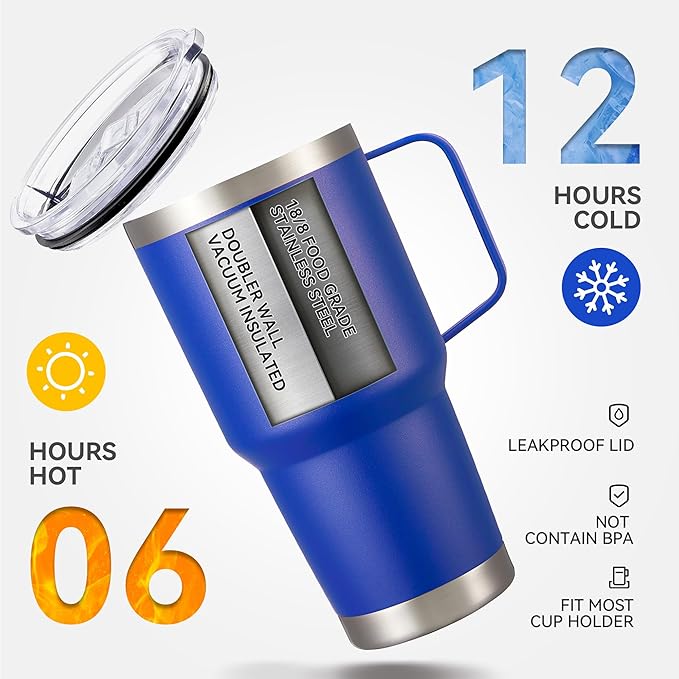 30 oz Tumbler with Handle and Lid, Stainless Steel Tumblers Bulk Double Wall Vacuum Insulated Travel Mug Leak Proof Cup Keep Drinks Cold and Hot Blue, 8 Pack