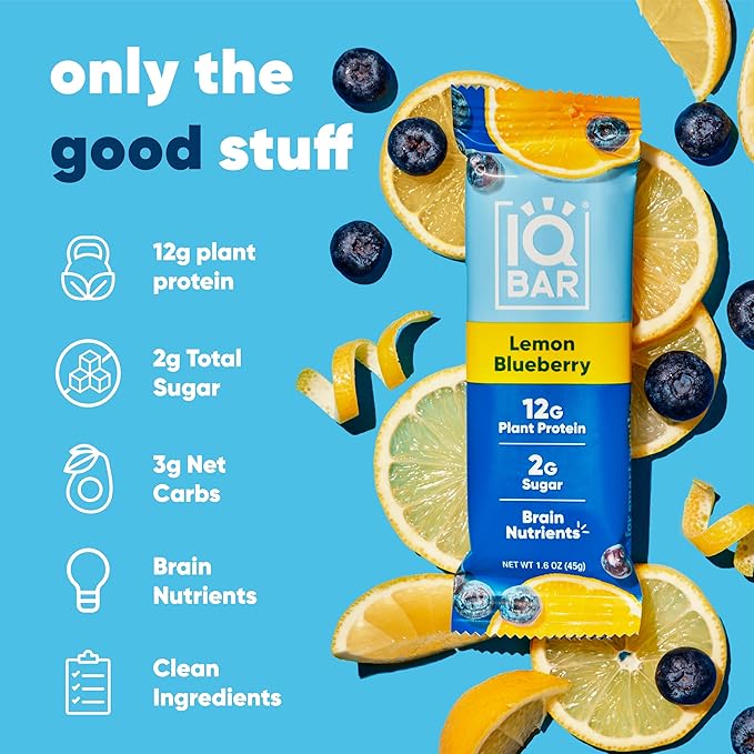 IQBAR Brain and Body Plant Protein Bars - Lemon Blueberry - 24-Count Low Carb - Gluten Free, High Fiber, Vegan Snacks - Low Sugar Meal Replacement