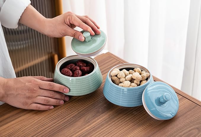 Retro Kitchen Ceramic Canister, 13.53 FL OZ (400 ML) Vintage Food Storage Jar for Tea, Coffee Beans, Herb, Candy, Spices, Nuts (Green(ICE))