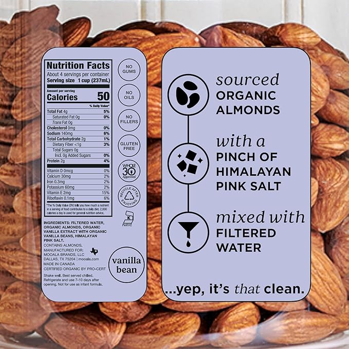 Mooala Organic Simple Almond Milk Vanilla, 32oz - 4 Ingredient, Shelf Stable, No Gums, No Oils, No Fillers, Unsweetened, Non-GMO, No Additives, Dairy Free Plant Based Milk, 6 pack